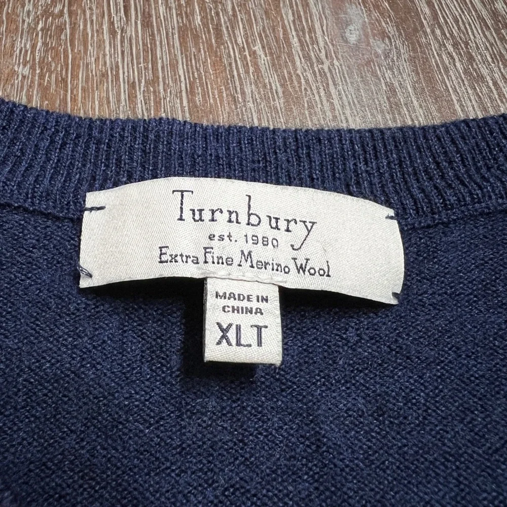 Turnbury Mens Navy‎ Blue V Neck 100% Extra Fine Merino Wool Sweater XLT